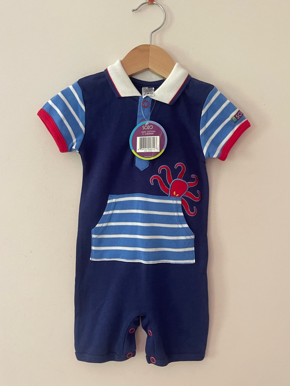 SOZO NWT Boys Red White & Blue Nautical Ocean Theme Octupus Appliqué Romper